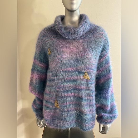 Handmade Sweaters - Hand-knit Pullover Women's Size XL Angora Cowl Neck Sweater Visible Mended